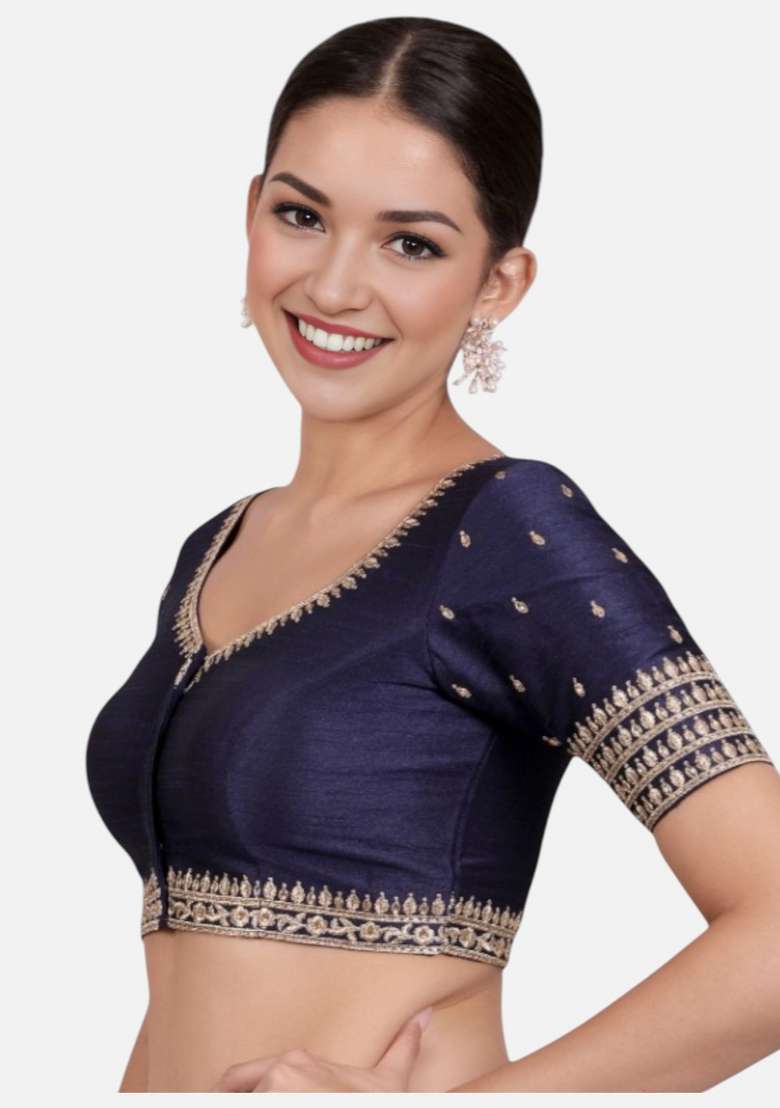 Navy Blue Embroidery Dupion Blouse - Indya