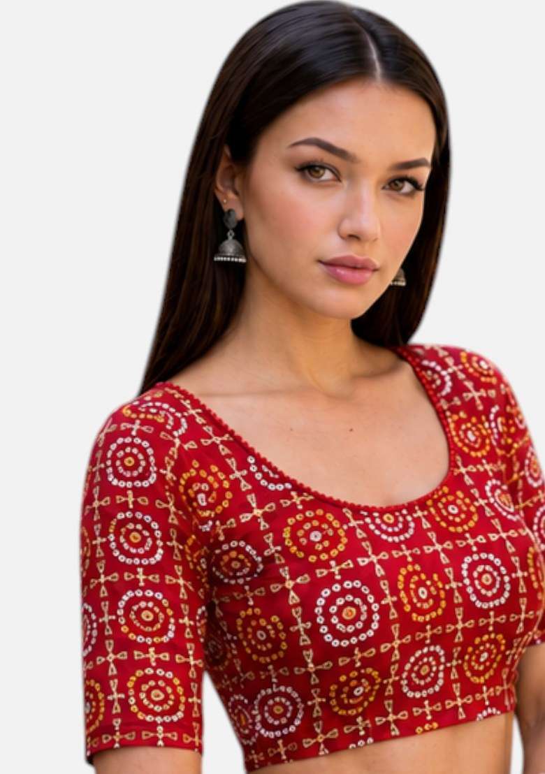 Red Embroidered Spandex Blouse - Indya