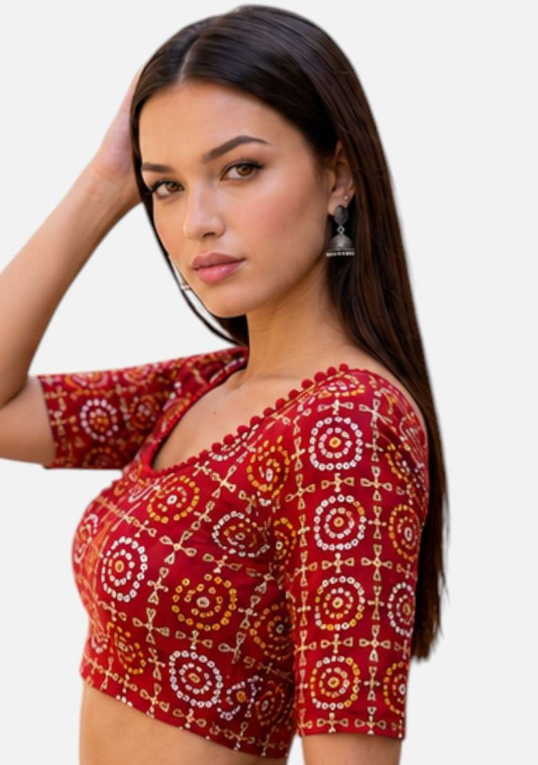 Red Embroidered Spandex Blouse - Indya