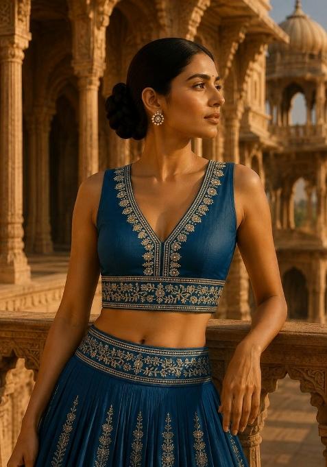 Blue Embroidery Silk Blouse
