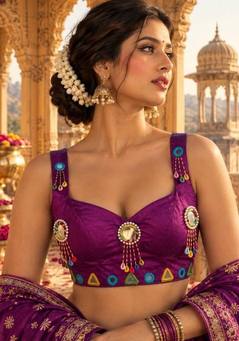 Wine Embroidery Silk Blouse