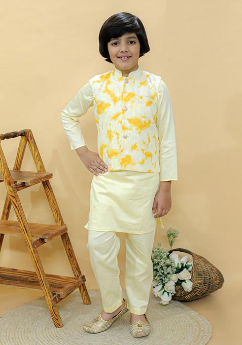 Pastel Yellow Tie And Dye Print Nehru Jacket With Kurta And Pants (Set of 3)