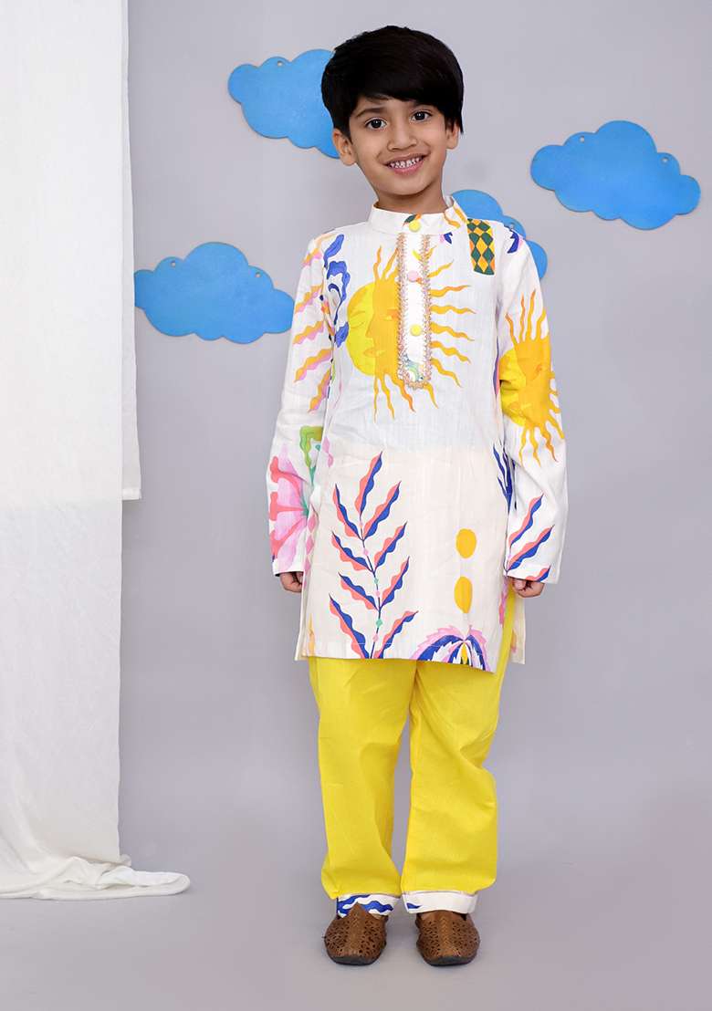 Yellow Sun Print Kurta Set For Boys - Indya