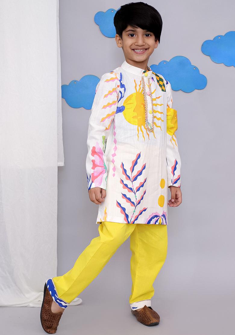 Yellow Sun Print Kurta Set For Boys