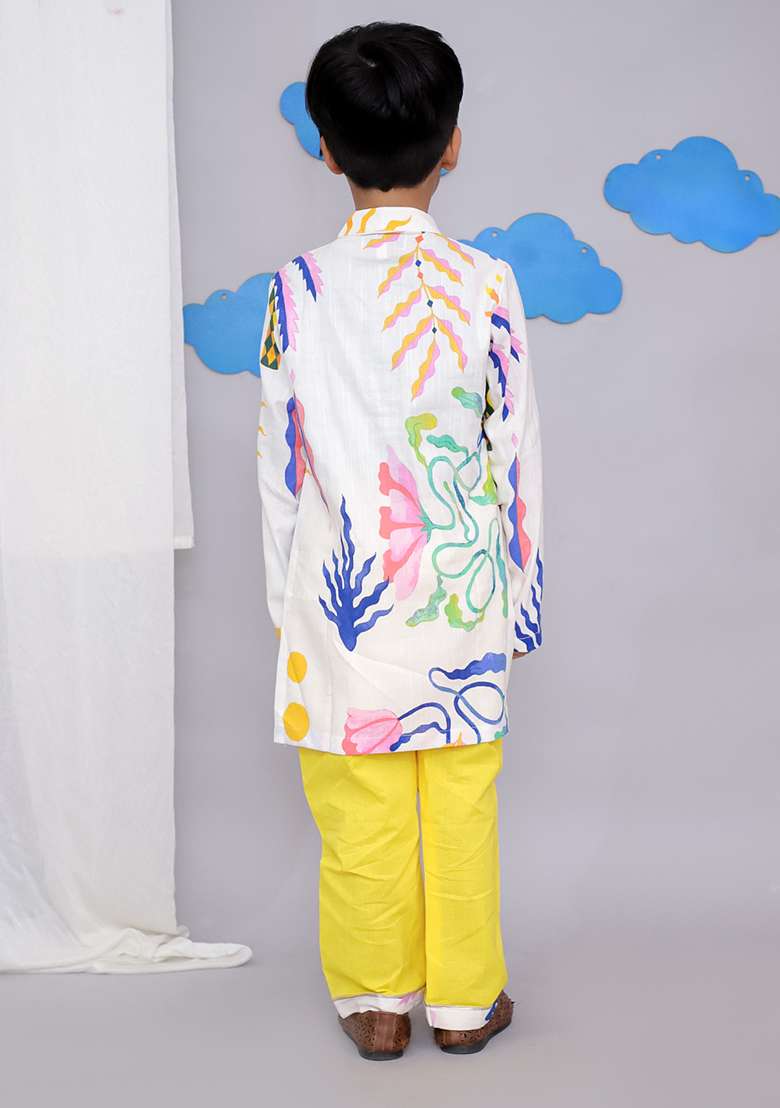 Yellow Sun Print Kurta Set For Boys - Indya