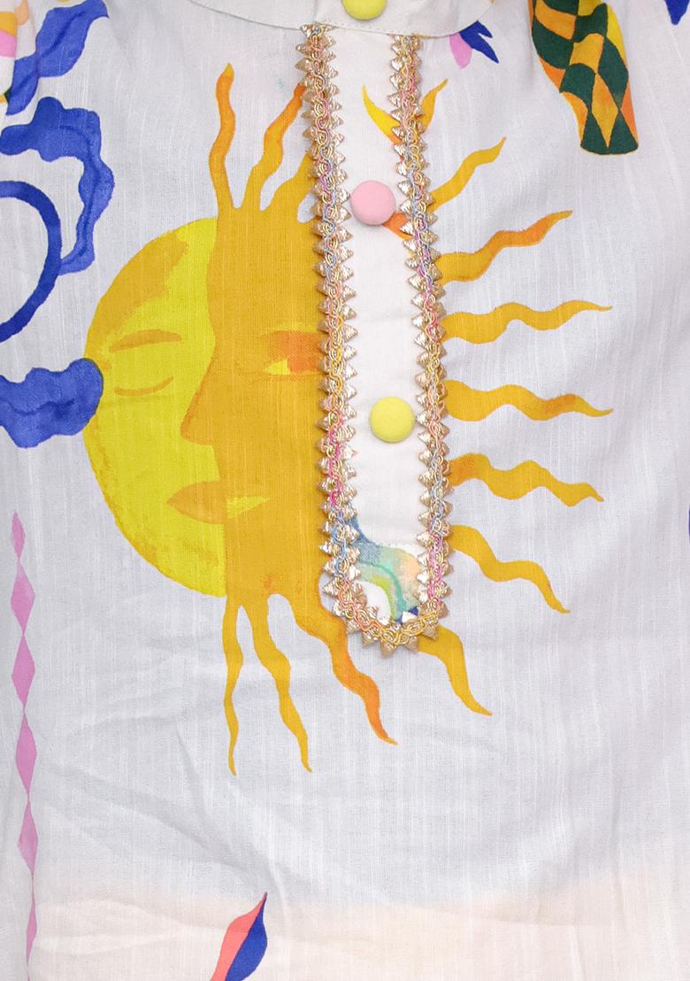 Yellow Sun Print Kurta Set For Boys