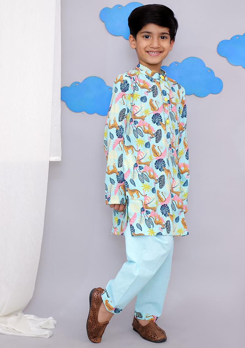 Blue Tiger Print Kurta Set For Boys