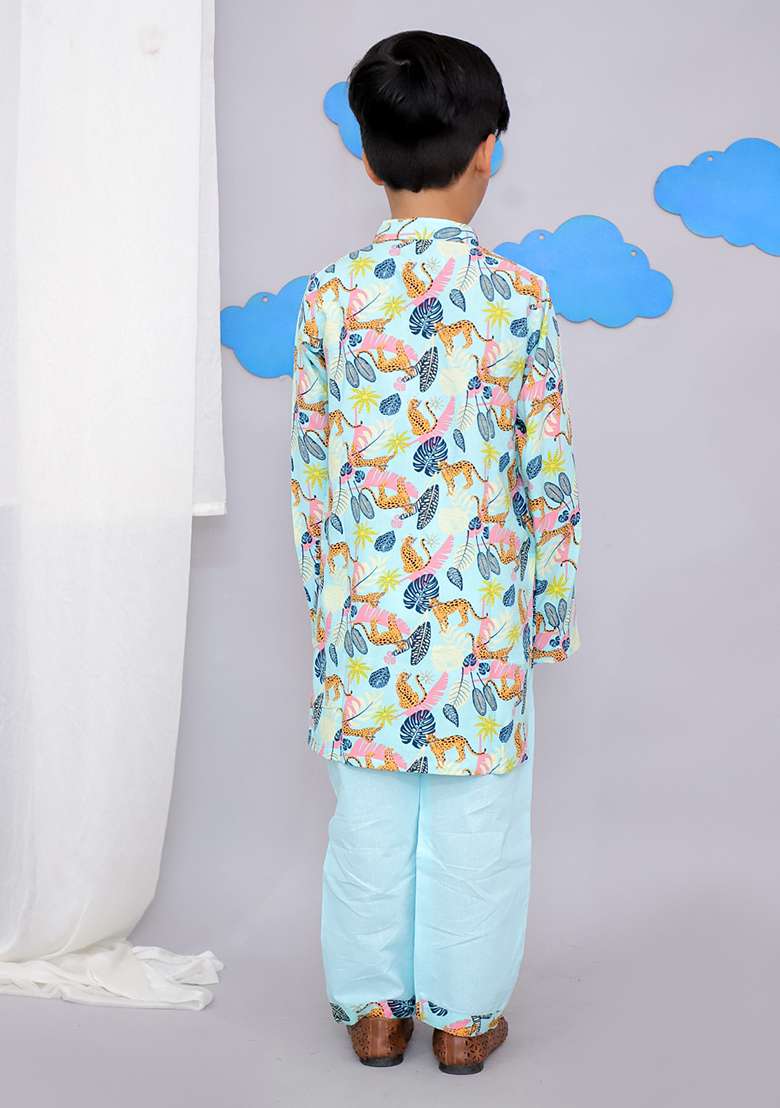 Blue Tiger Print Kurta Set For Boys - Indya