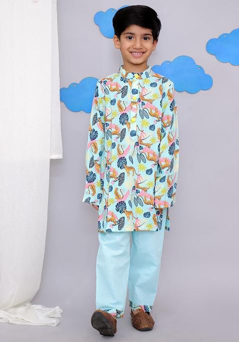 Blue Tiger Print Kurta Set For Boys