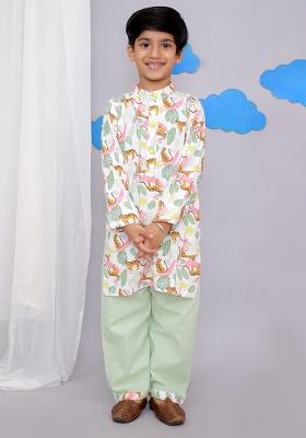 White Tiger Print Kurta Set For Boys