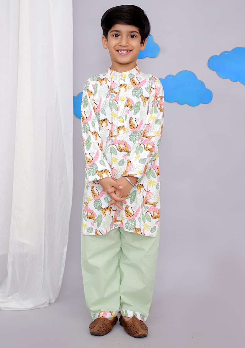 White Tiger Print Kurta Set For Boys - Indya
