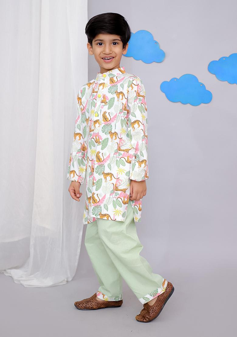 White Tiger Print Kurta Set For Boys