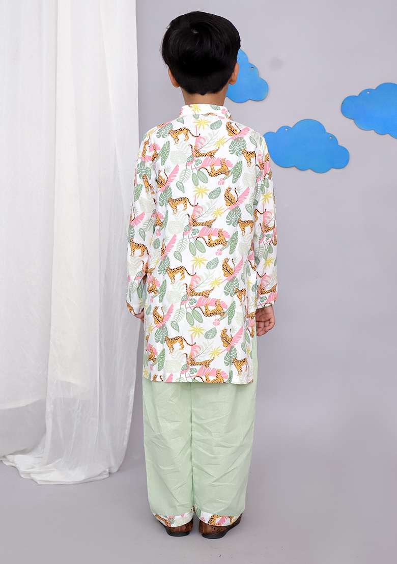 White Tiger Print Kurta Set For Boys - Indya