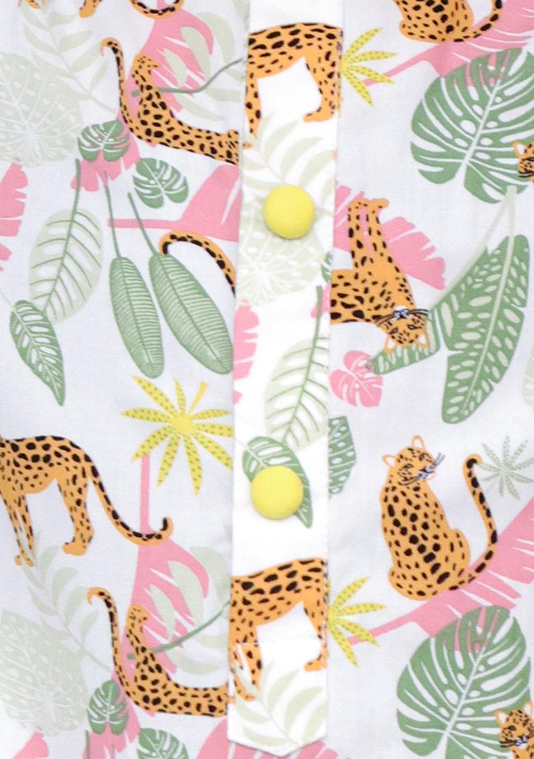 White Tiger Print Kurta Set For Boys