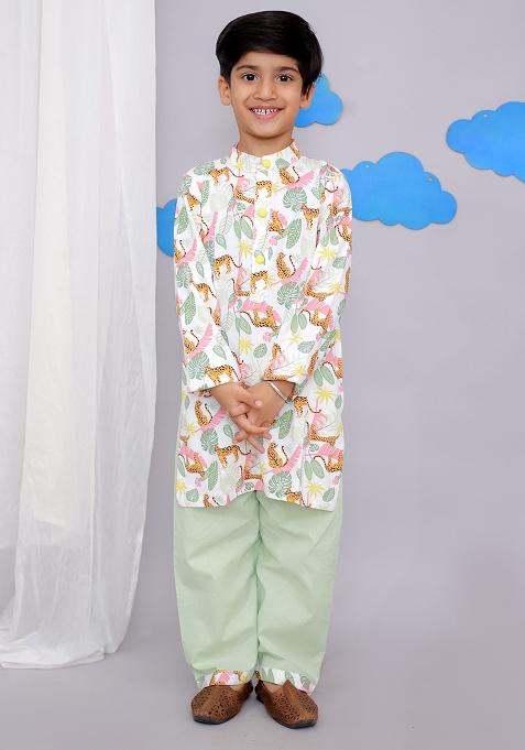 White Tiger Print Kurta Set For Boys