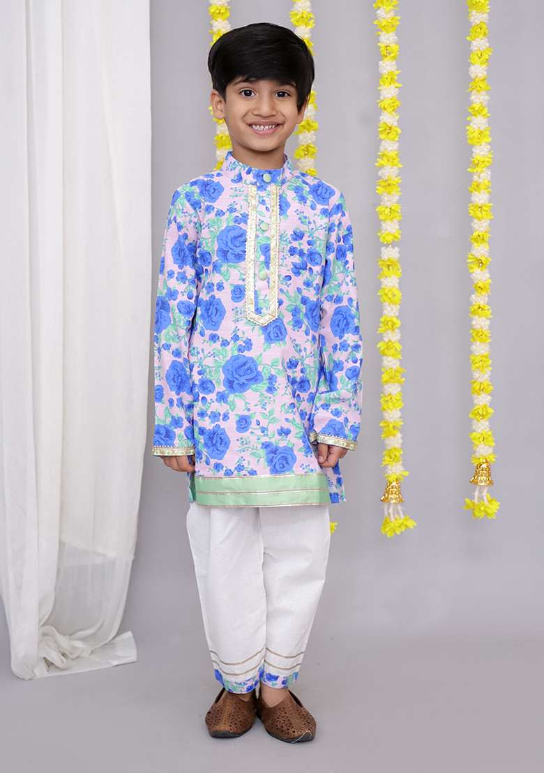 Blue Rose Print Kurta Set For Boys - Indya