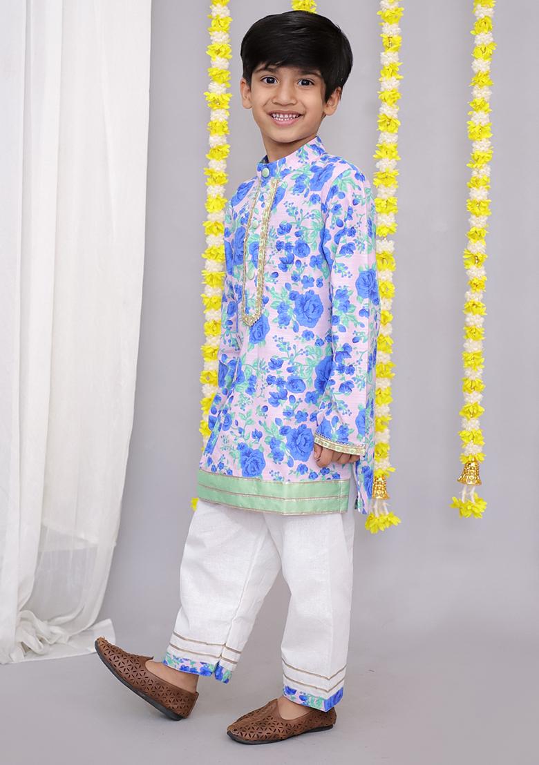 Blue Rose Print Kurta Set For Boys