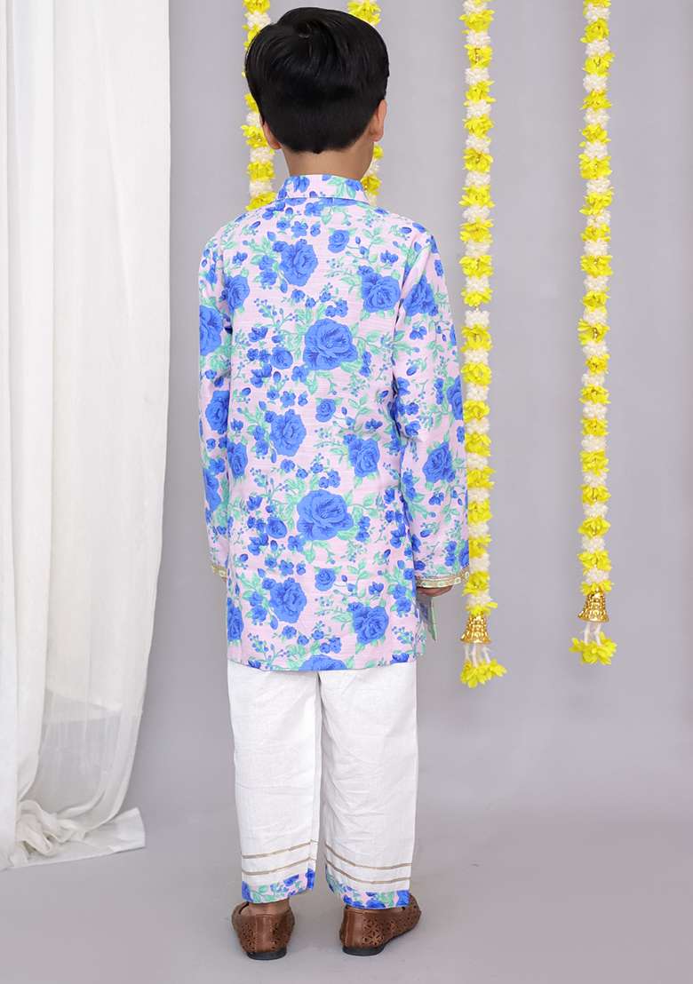 Blue Rose Print Kurta Set For Boys - Indya