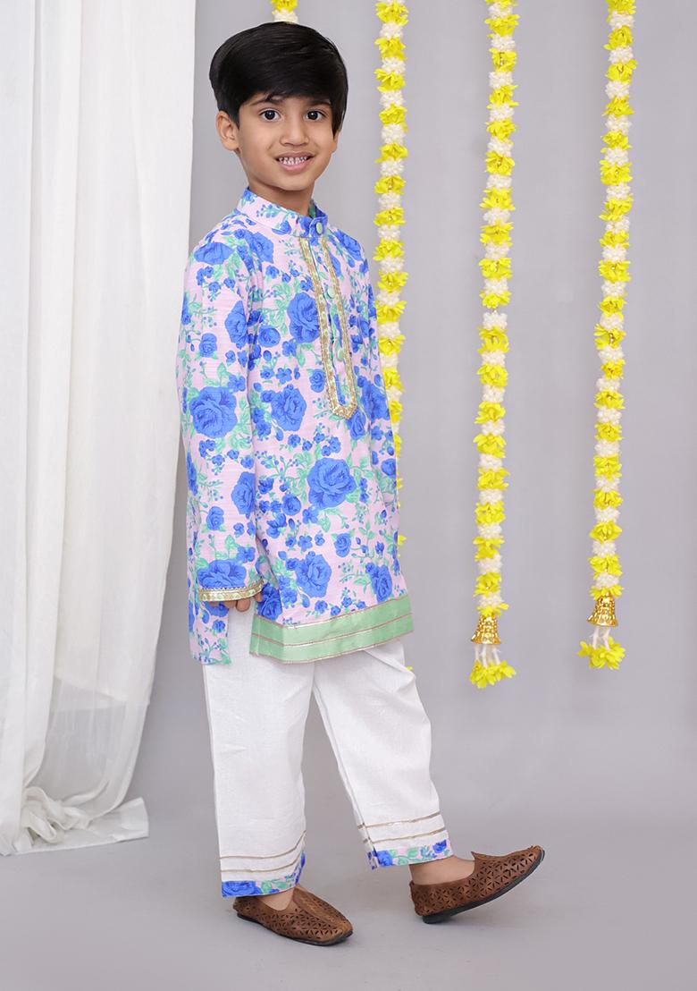 Blue Rose Print Kurta Set For Boys