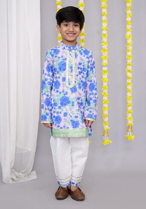 Blue Rose Print Kurta Set For Boys