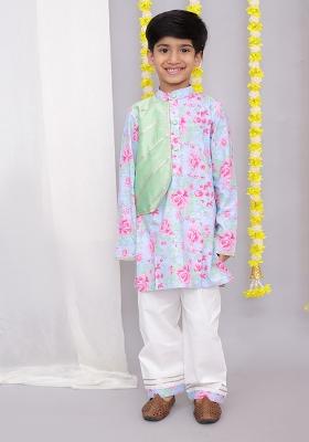 Pink Rose Print Kurta Set For Boys