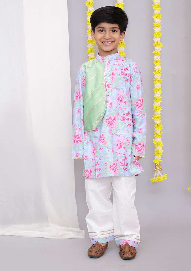 Pink Rose Print Kurta Set For Boys - Indya