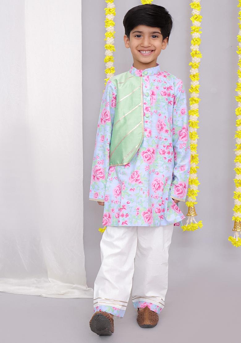 Pink Rose Print Kurta Set For Boys
