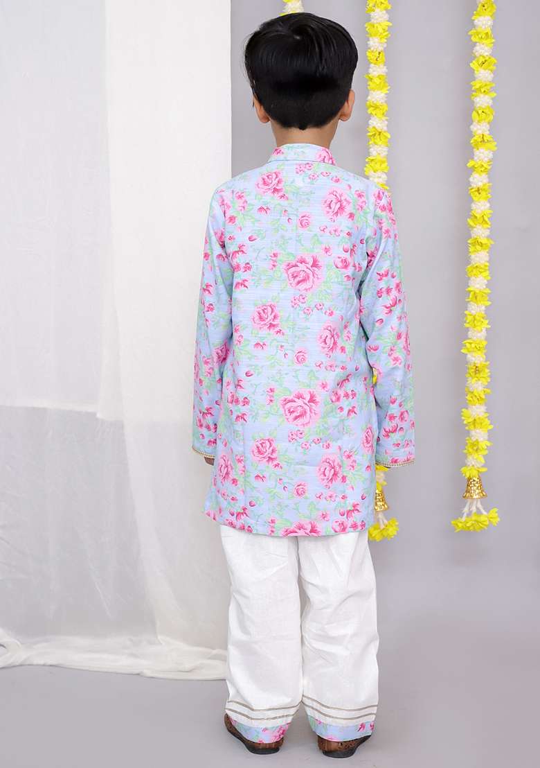 Pink Rose Print Kurta Set For Boys - Indya