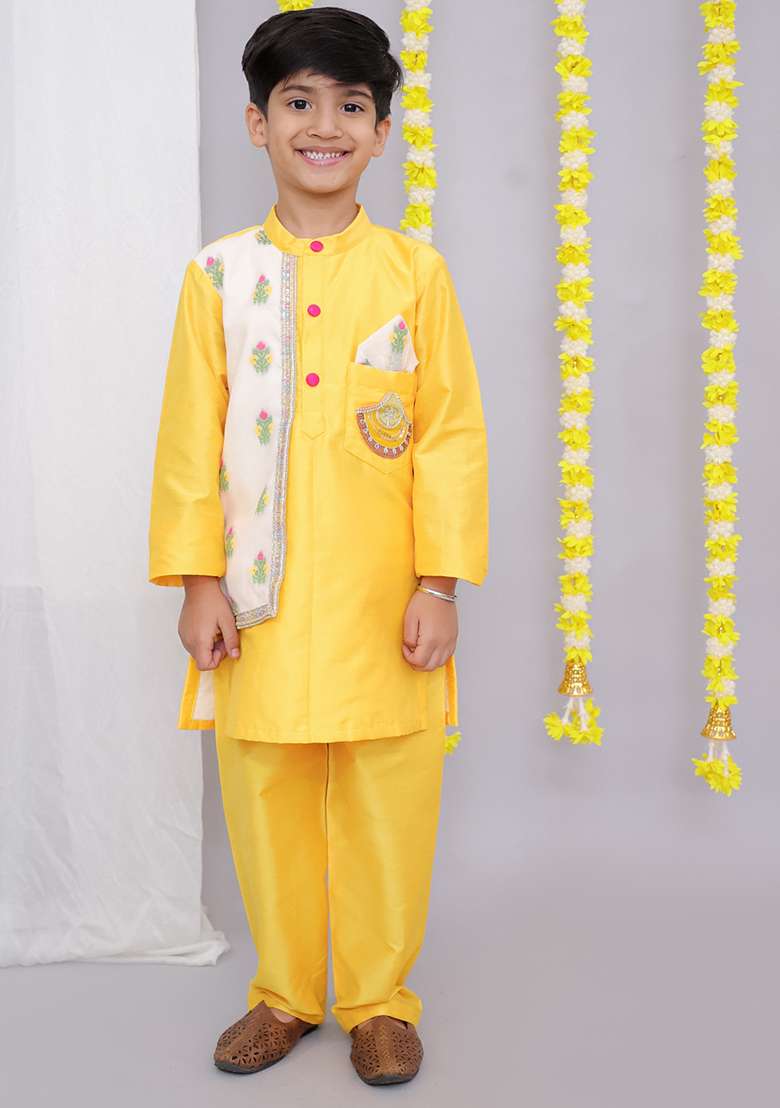 Mustard Yellow Emboridery Kurta For Boys - Indya