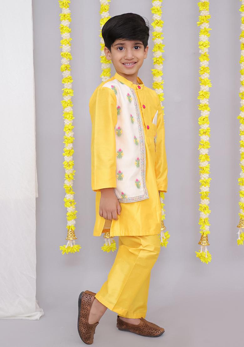 Mustard Yellow Emboridery Kurta For Boys