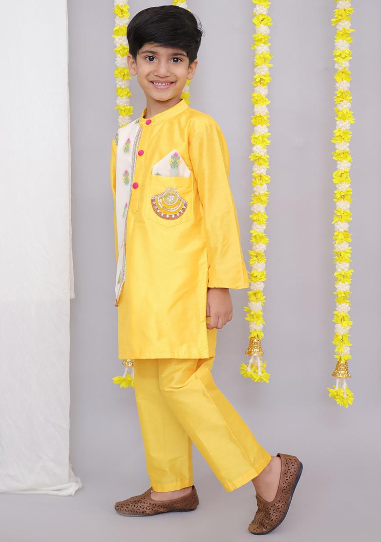 Mustard Yellow Emboridery Kurta For Boys