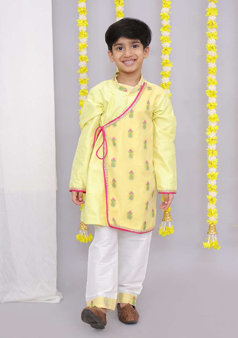 Yellow Chanderi Angrakha For Boys - Indya