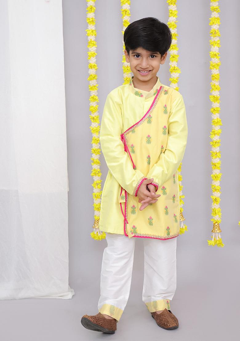 Yellow Chanderi Angrakha For Boys