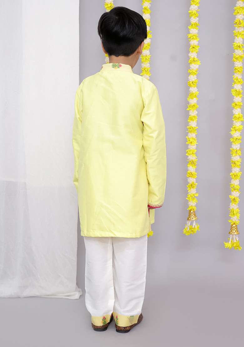 Yellow Chanderi Angrakha For Boys - Indya