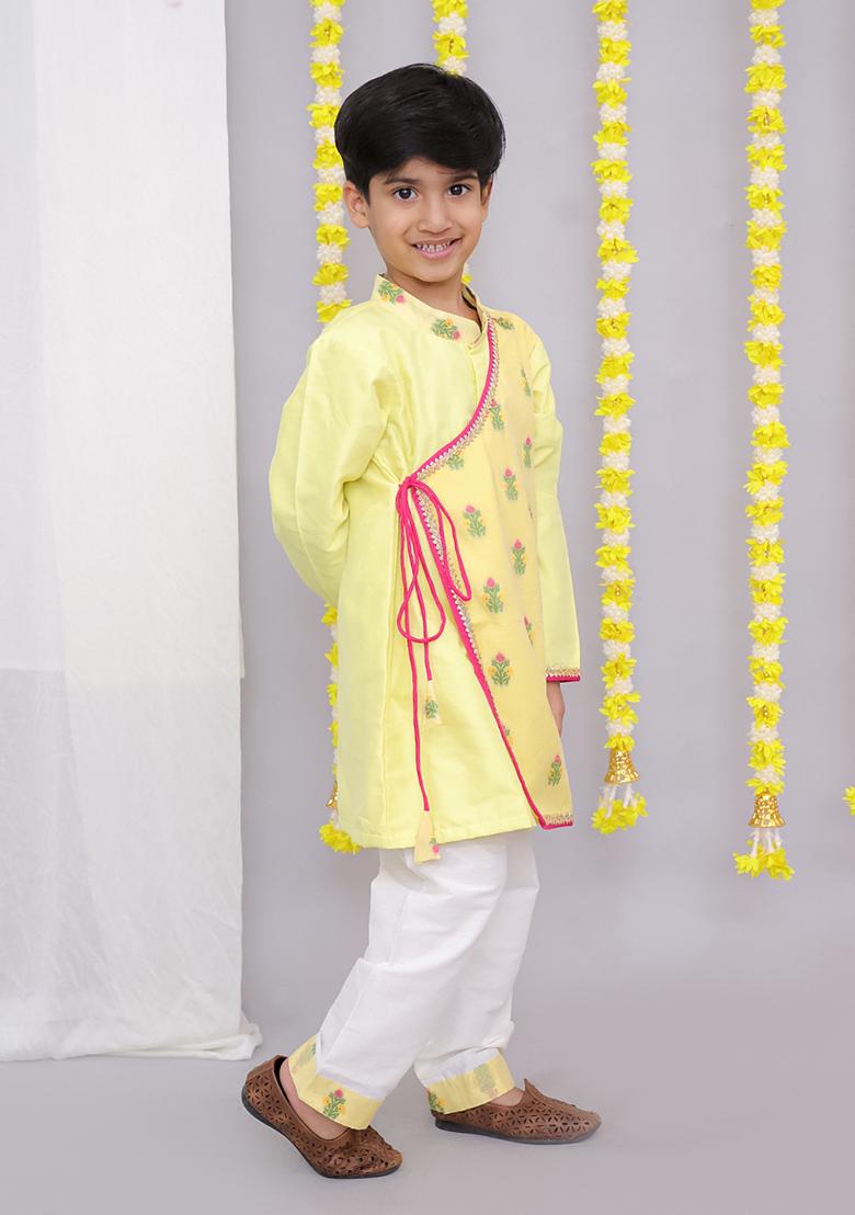 Yellow Chanderi Angrakha For Boys