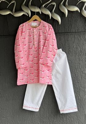 Pink Bird Print Kurta Set For Boys