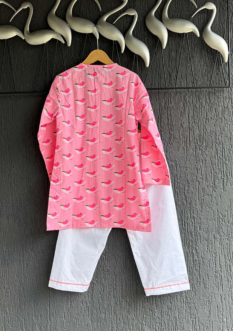 Pink Bird Print Kurta Set For Boys - Indya