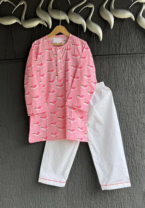 Pink Bird Print Kurta Set For Boys