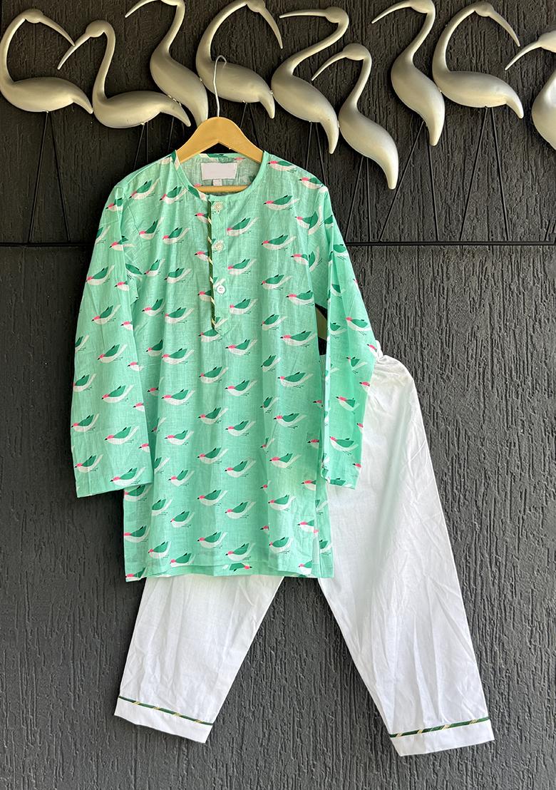 Green Bird Print Kurta Set For Boys