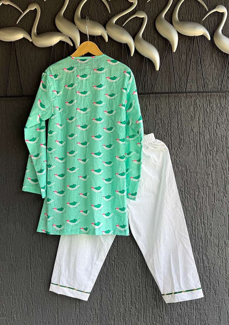 Green Bird Print Kurta Set For Boys - Indya