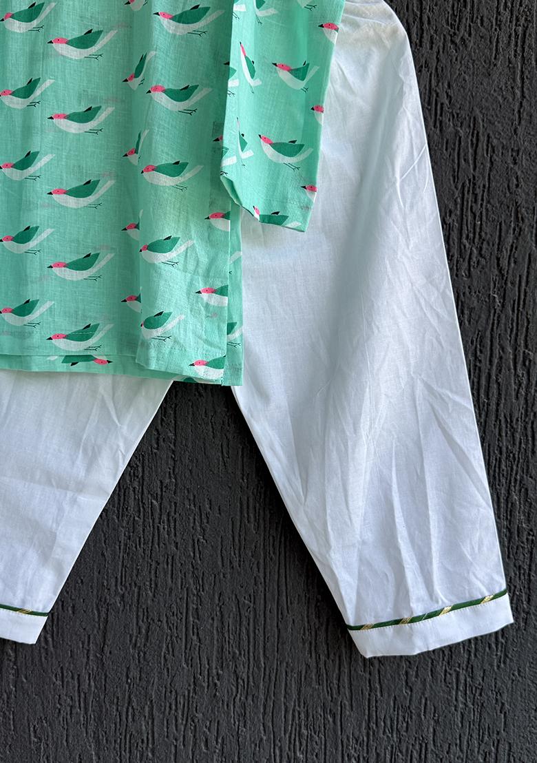Green Bird Print Kurta Set For Boys