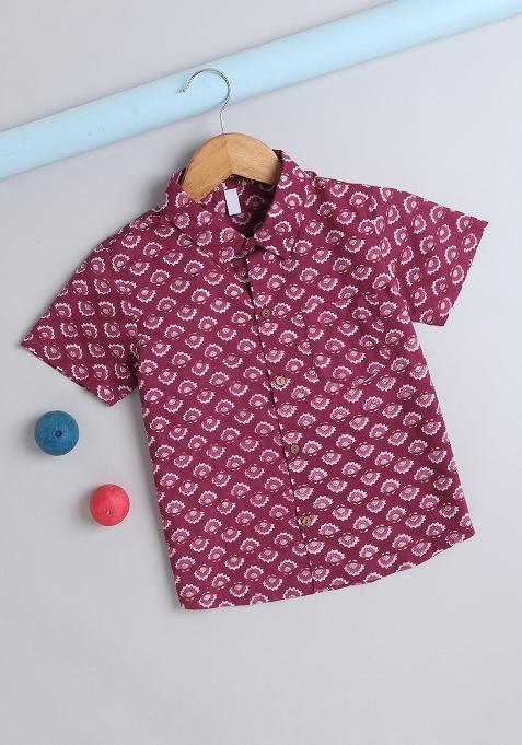 Wine Printed Cotton Shirt For Boys