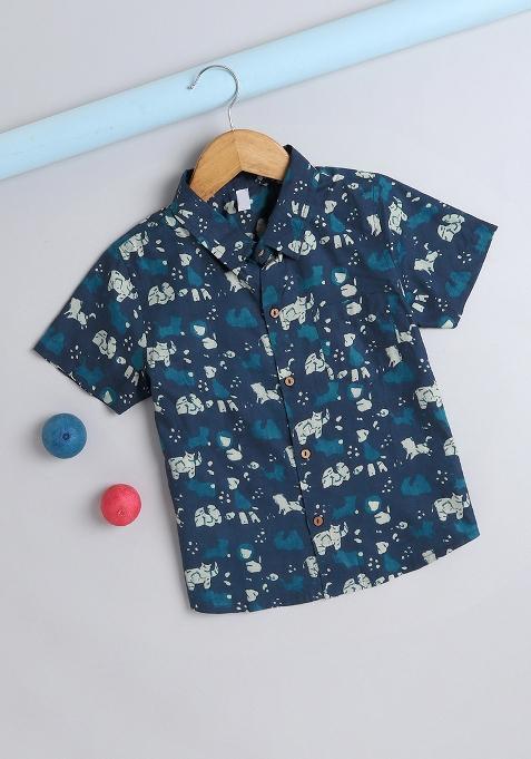 Blue Printed Cotton Shirt For Boys