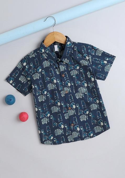 Blue Printed Cotton Shirt For Boys