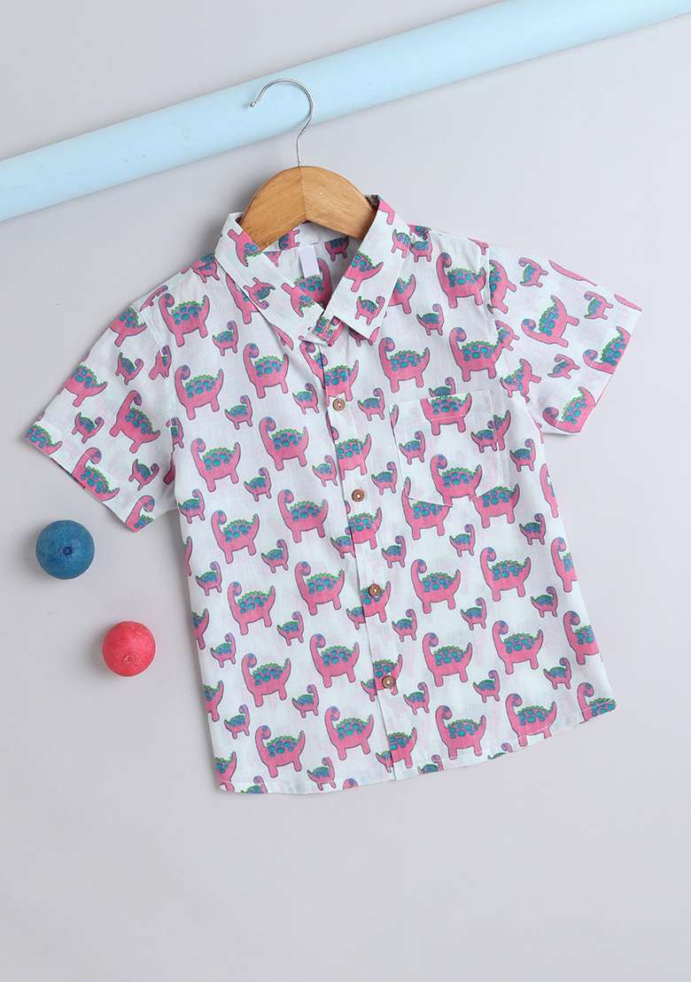 Pink Printed Cotton Shirt For Boys - Indya