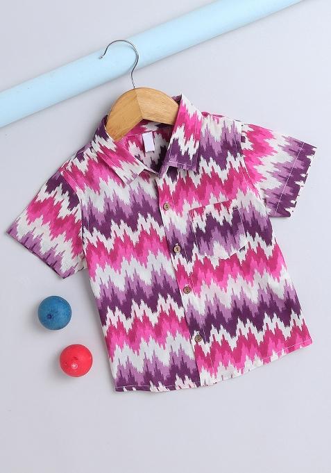 Pink Ikat Cotton Shirt For Boys