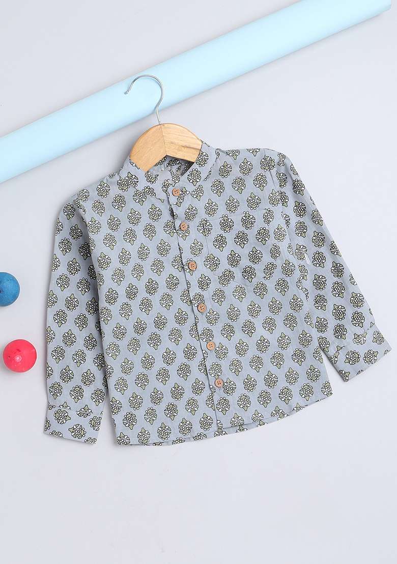 Grey Printed Cotton Kurta Pant Set - Indya