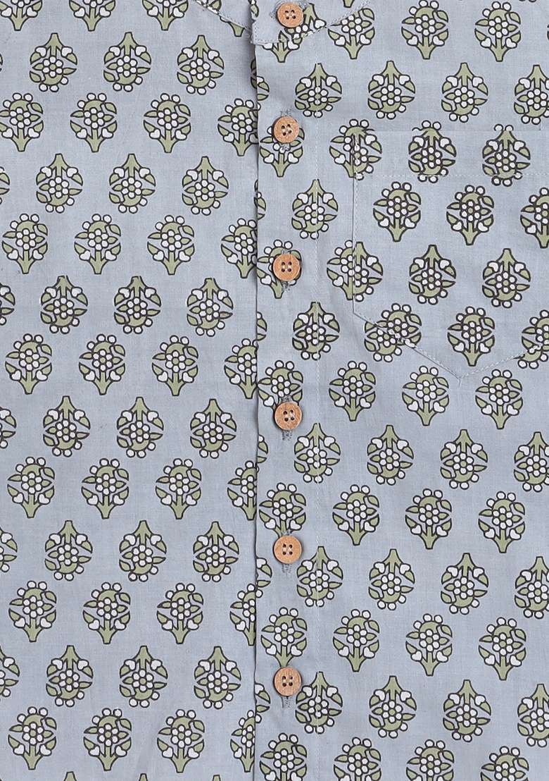 Grey Printed Cotton Kurta Pant Set - Indya