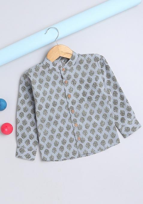 Grey Printed Cotton Kurta Pant Set