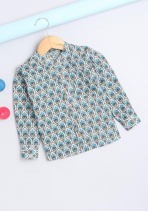 Blue Printed Cotton Kurta Pant Set